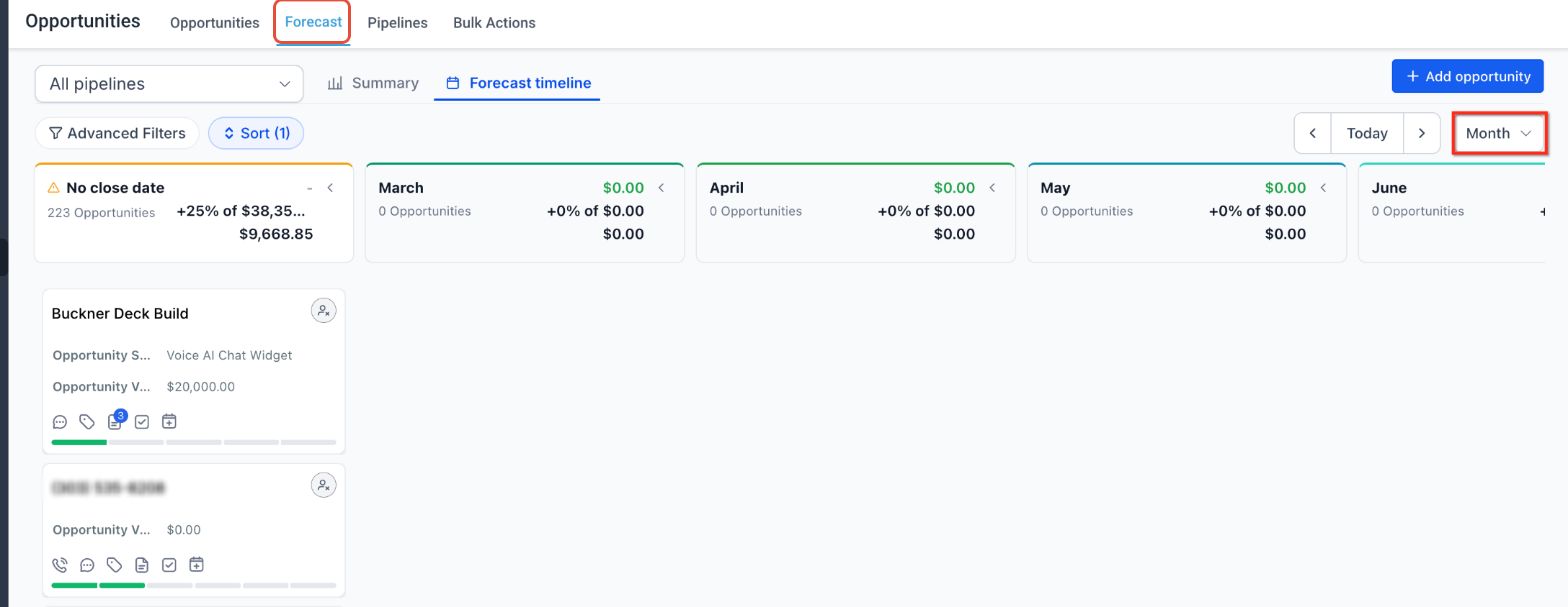 Opportunity Forecasting: Setup and Use – Opportunity Forecast Timeline with Week Month and Quarter view controls