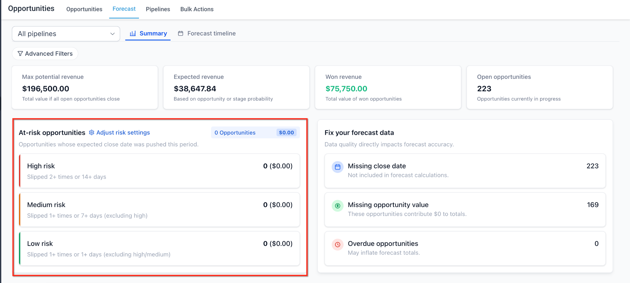 Opportunity Forecasting: Setup and Use – Opportunity Forecasting risk settings and configurable thresholds