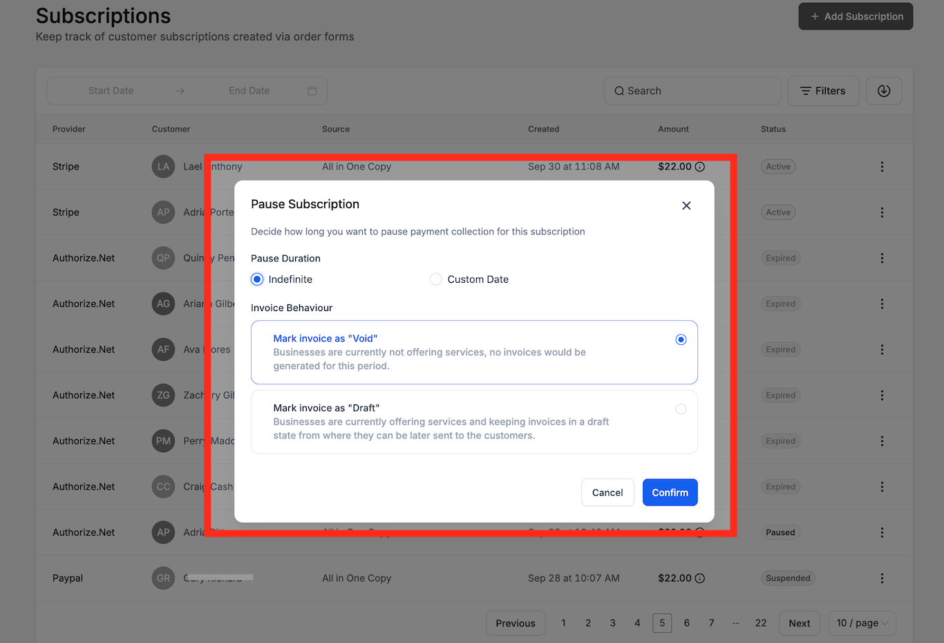 Pause and Resume Subscriptions – Pause subscription settings showing pause duration and invoice handling options