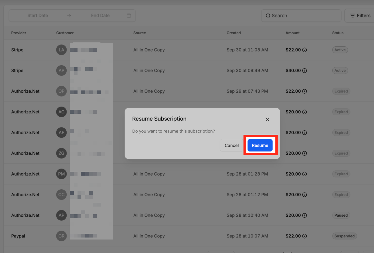 Pause and Resume Subscriptions – Paused subscription showing the Resume action