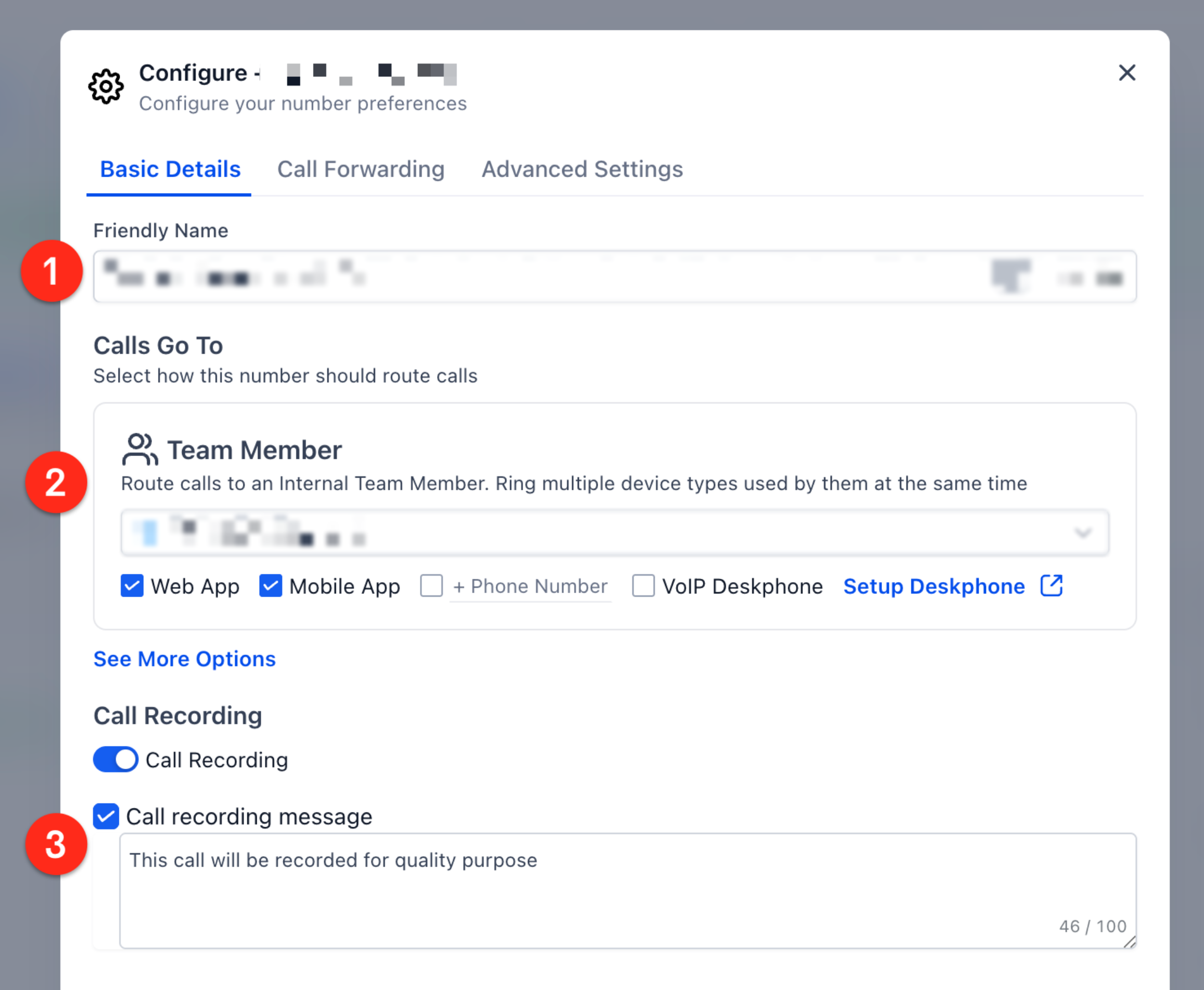 Phone Number Edit Configuration (Incoming Calls Settings) – Basic Details