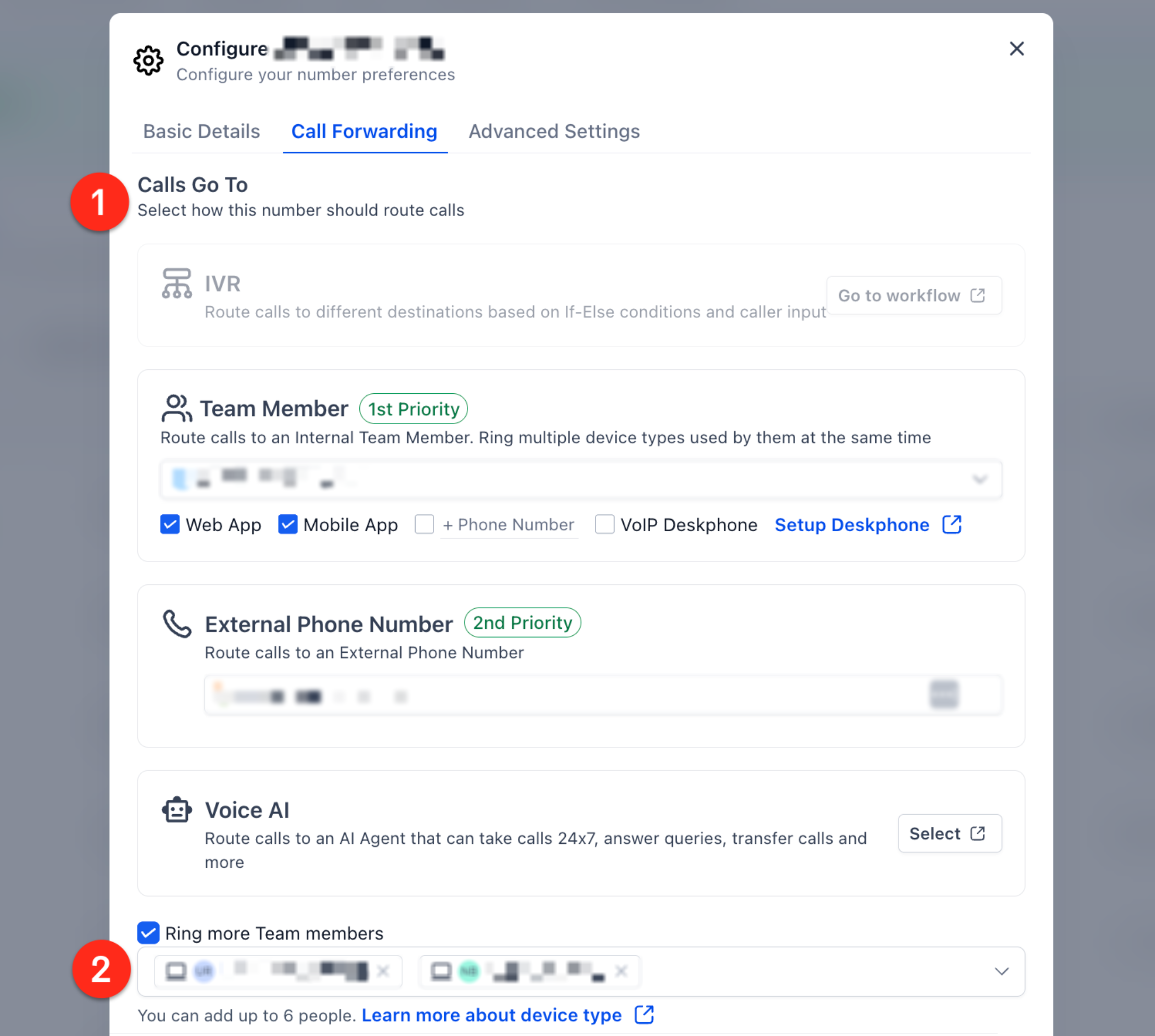 Phone Number Edit Configuration (Incoming Calls Settings) – Call Forwarding Tab