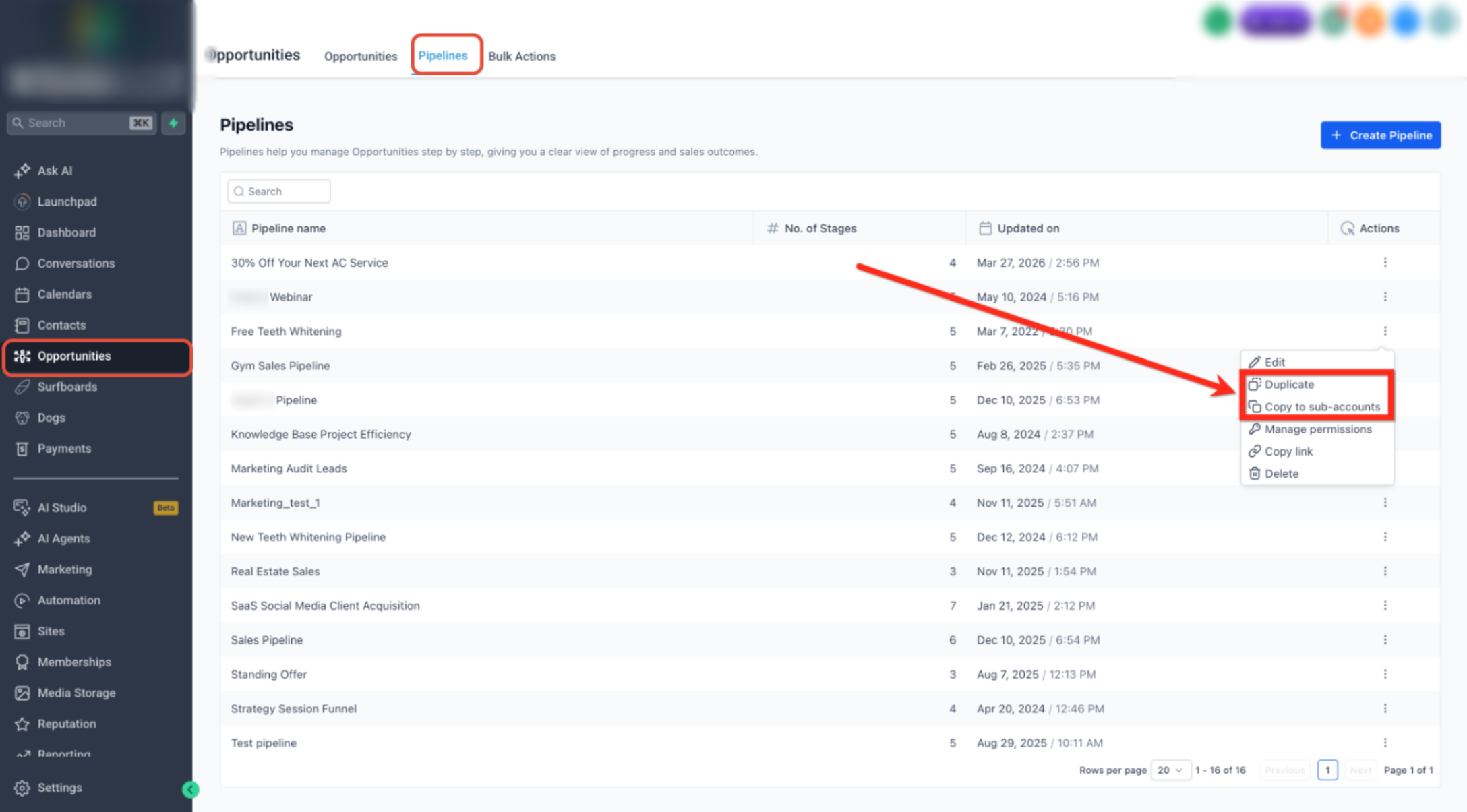 Pipeline Duplication and Multi-Account Distribution Guide – Step 1: Open the Pipelines Page