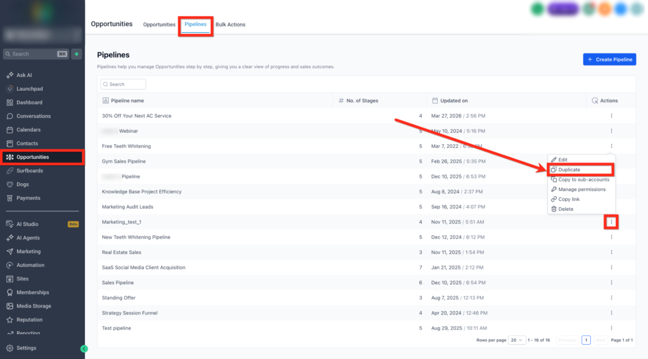 Pipeline Duplication and Multi-Account Distribution Guide – Step 2: Open the Pipeline Menu