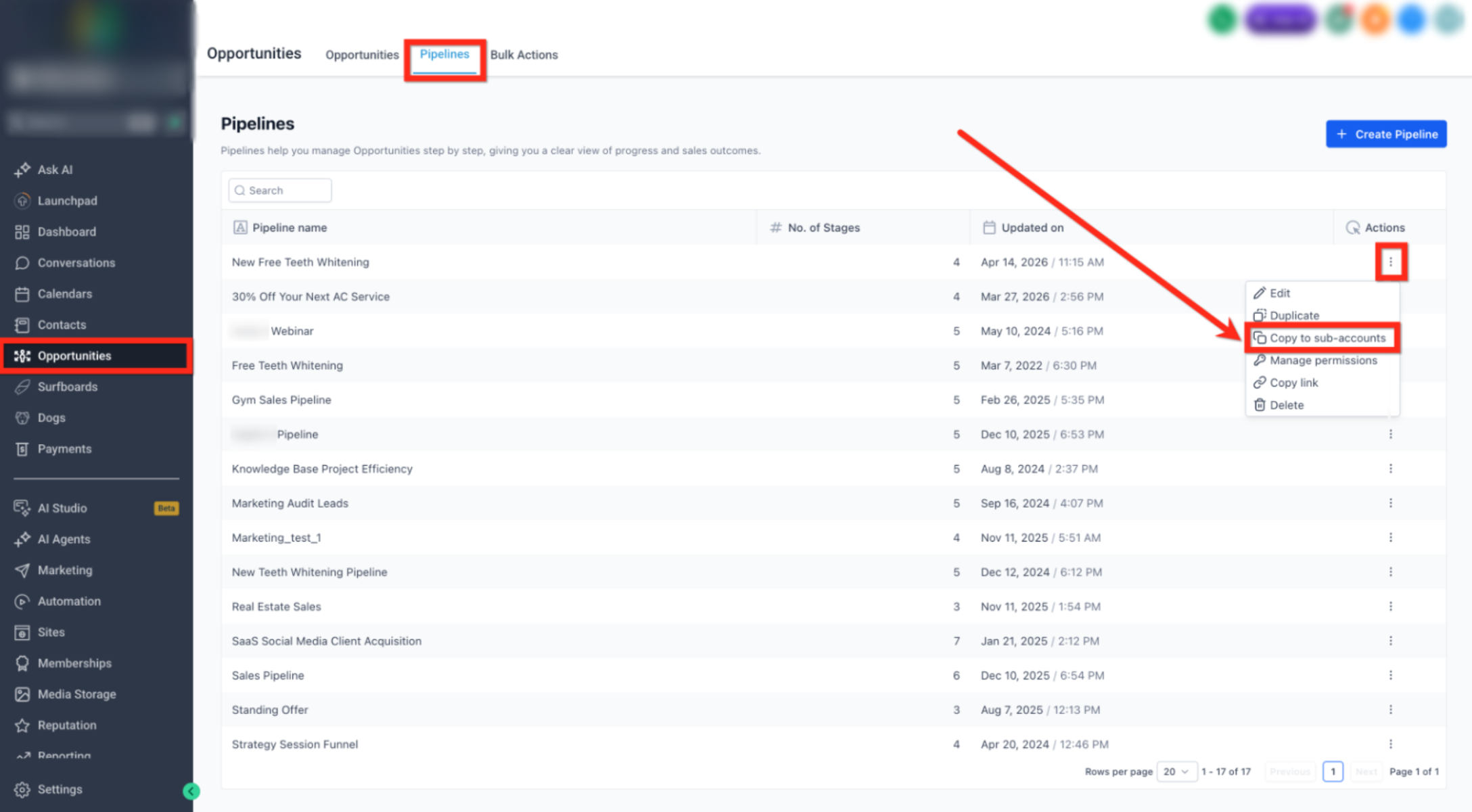Pipeline Duplication and Multi-Account Distribution Guide – Step 2: Open the Pipeline Menu
