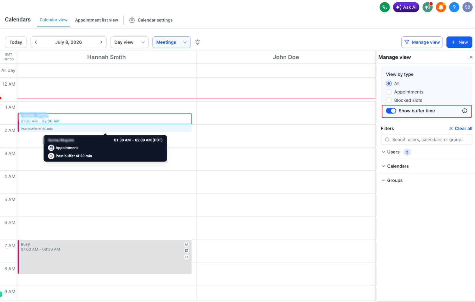 Pre and Post buffers – Viewing Buffer Time in Day and Week Calendar Views