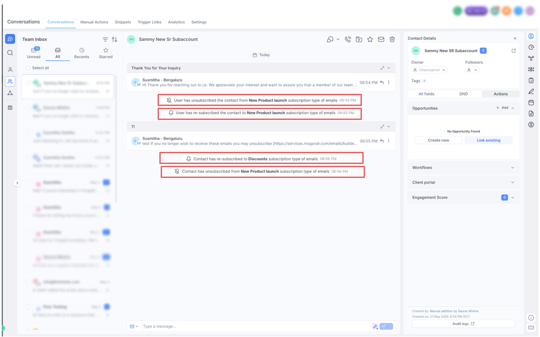Preference Management (Email Unsubscription Management) – 8. Subscription visibility on Conversations