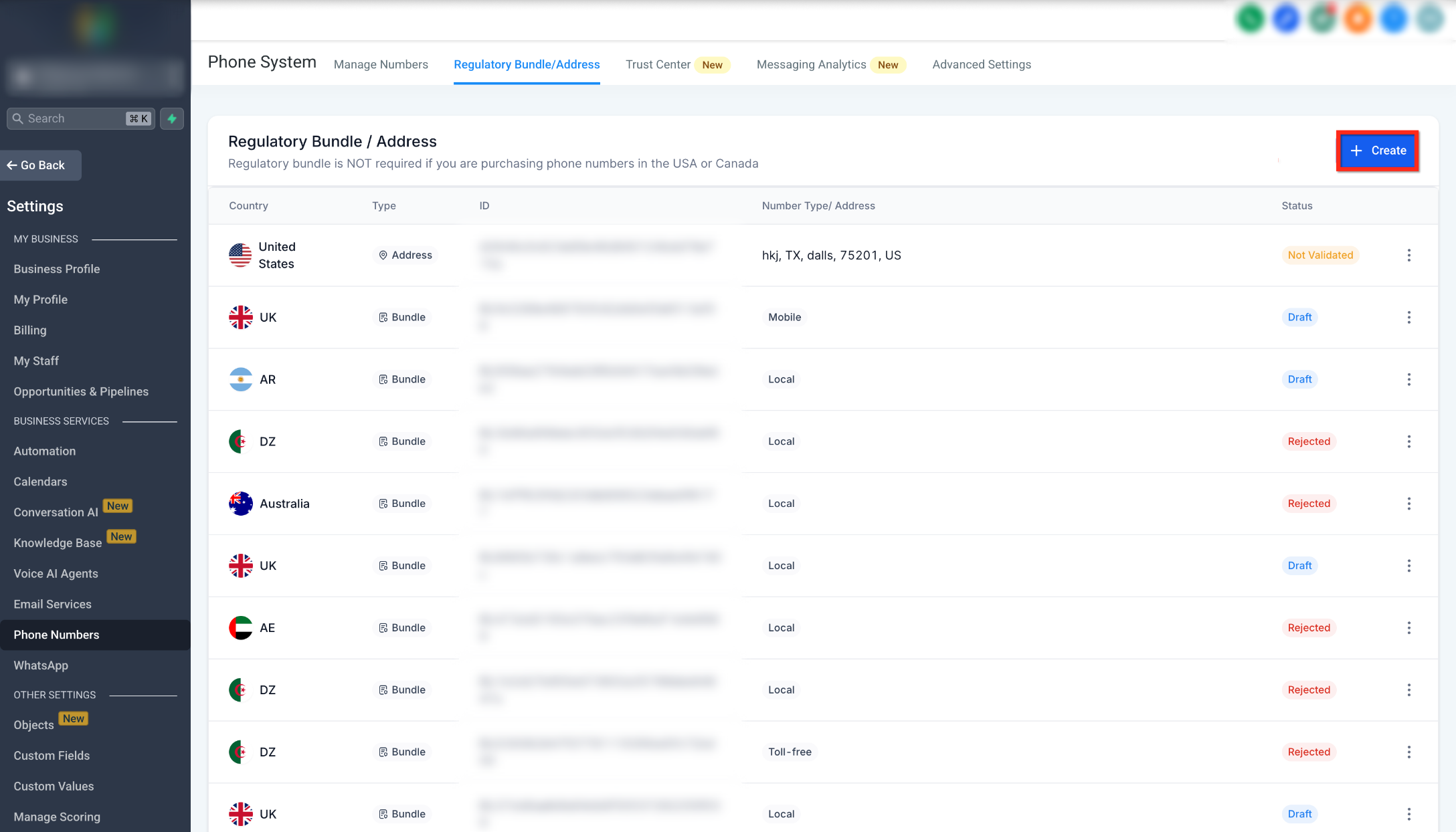 Regulatory Bundle and Address Creation for Sub-Accounts – Step 1: Open Regulatory Bundle/Address