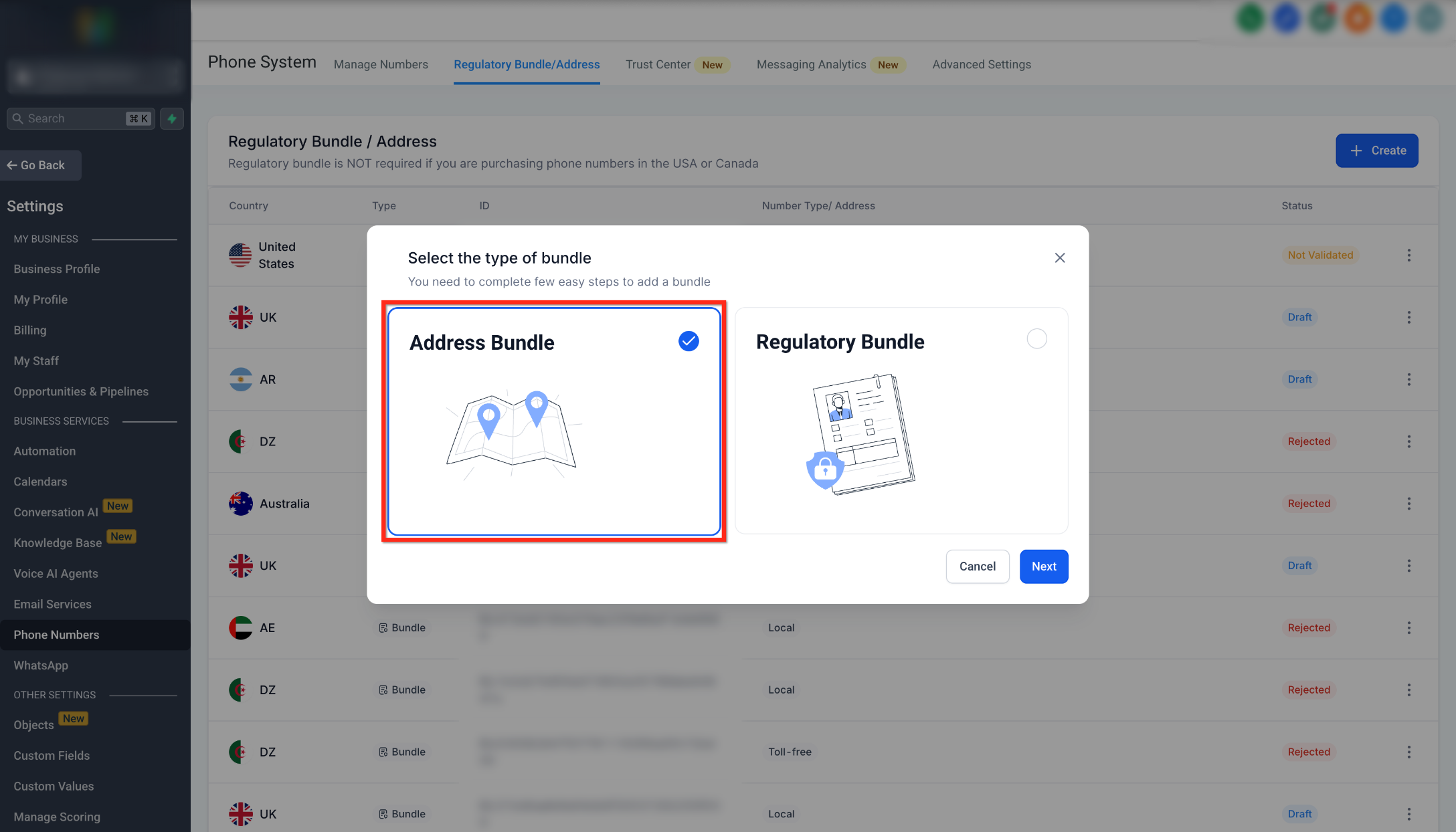 Regulatory Bundle and Address Creation for Sub-Accounts – Step 2: Create an Address Bundle
