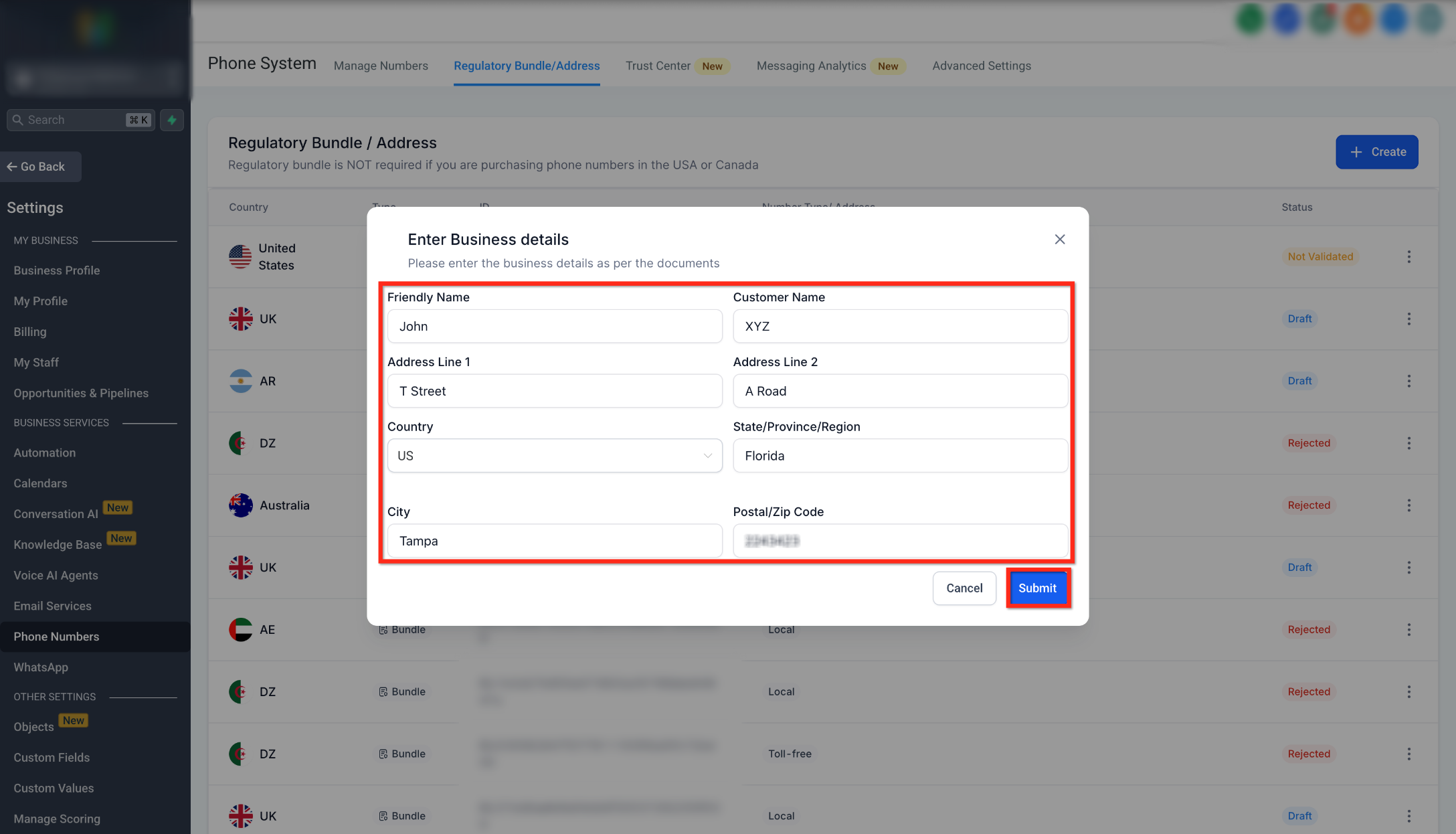 Regulatory Bundle and Address Creation for Sub-Accounts – Step 2: Create an Address Bundle