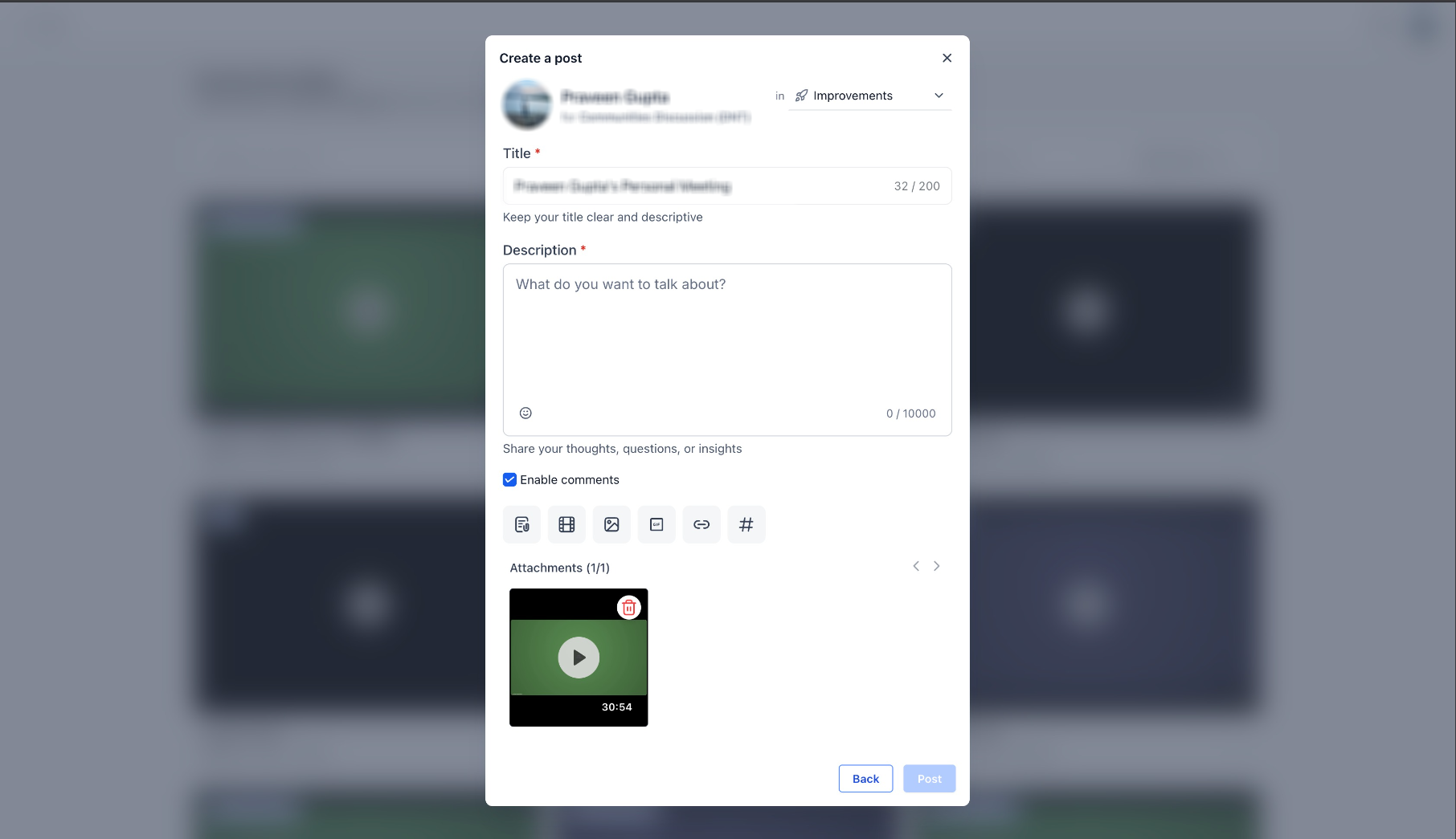 Share Meeting Recordings as Community Posts – Community post composer with a meeting recording attached