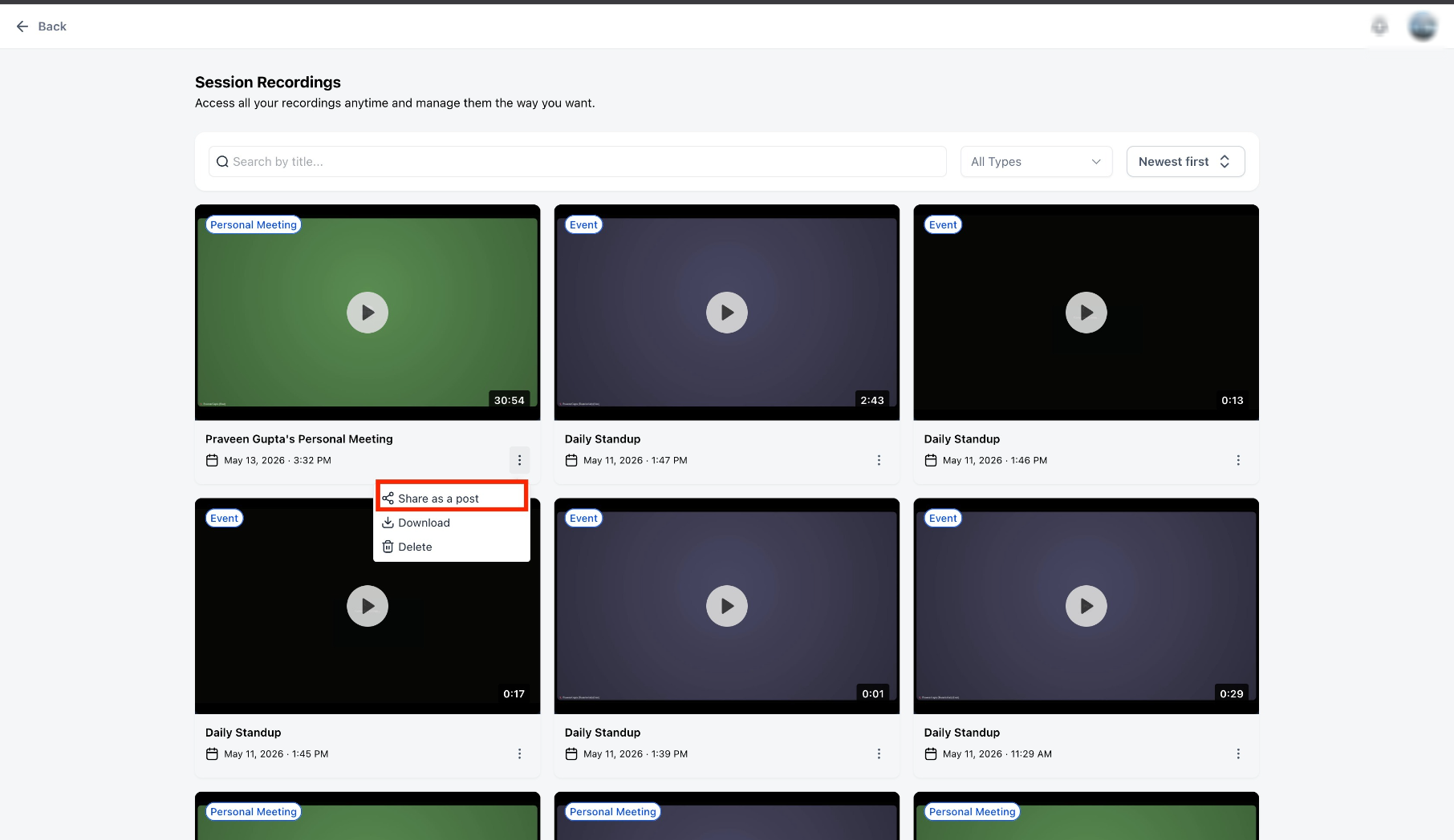 Share Meeting Recordings as Community Posts – Share as Post option for a meeting recording
