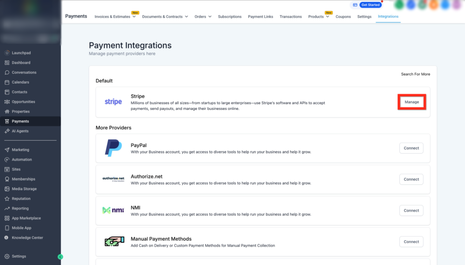 Stripe Payment Integration for Secure Online Transactions – Step 2: Select Stripe and Start Connection