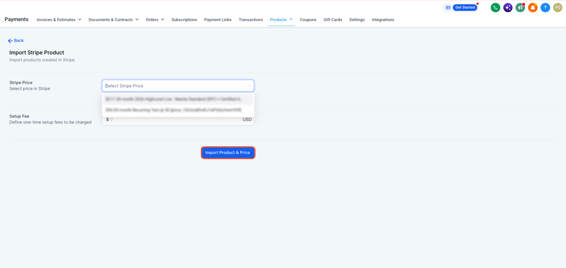 Stripe Troubleshooting | Why is my Stripe Plan not shown in the Funnel Products? – Import From Stripe interface showing an eligible recurring product and price