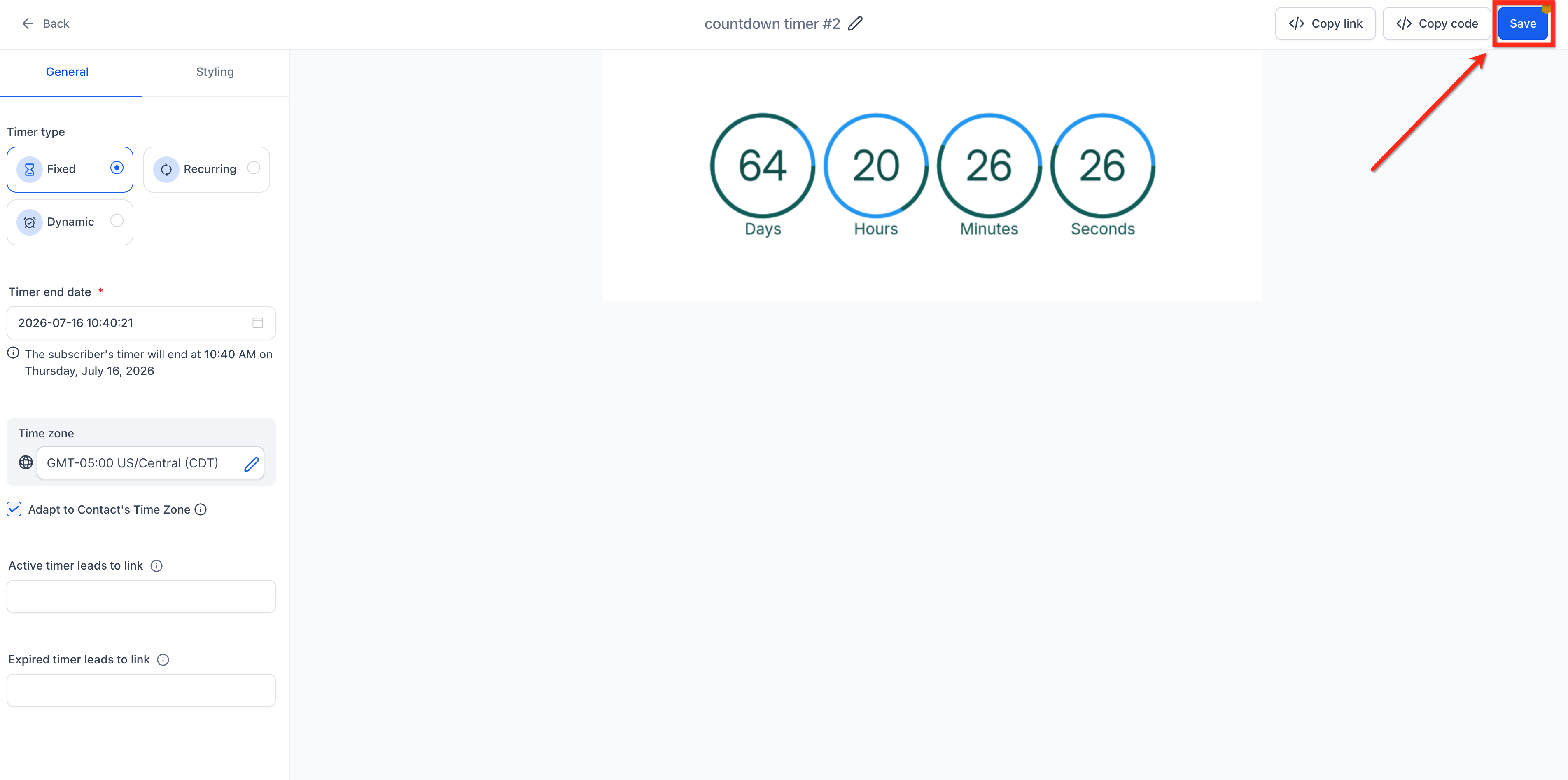 Timezone Adaptation in Countdown Timers – Saved countdown timer with timezone adaptation enabled