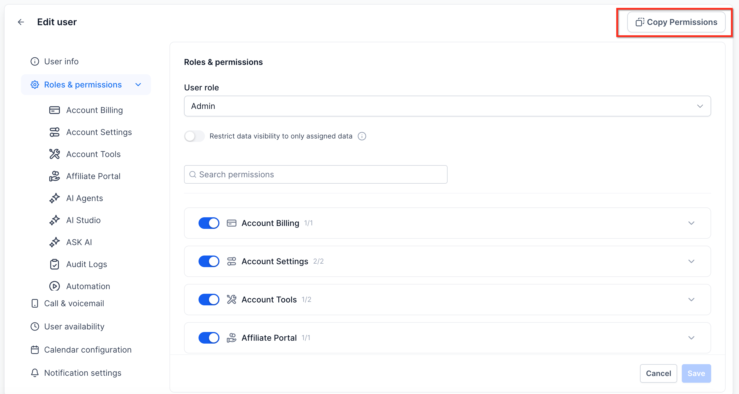 User Roles, Permissions, and Assigned Data – Copy Permissions Between Users
