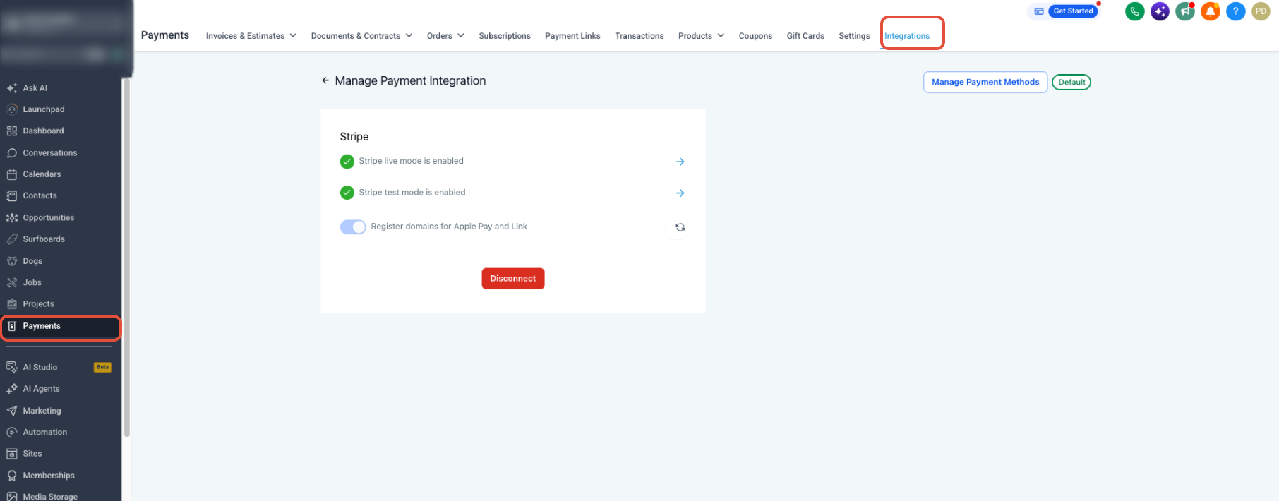 Using Apple Pay and Google Pay in Order Forms – Manage Payment Integration page showing Manage Payment Methods and Register domains for Apple Pay and Link