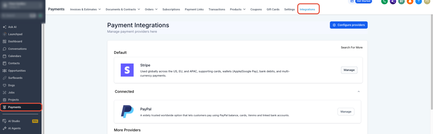 Using Apple Pay and Google Pay in Order Forms – Payments Integrations page showing Stripe as the default payment provider with the Manage button