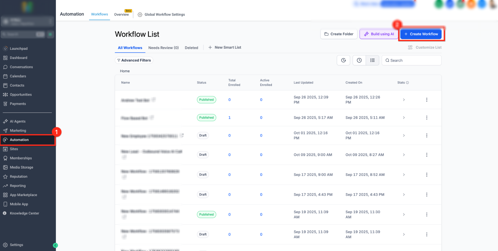 Voice AI Outbound Calling – Automation Workflows page showing the Create Workflow button