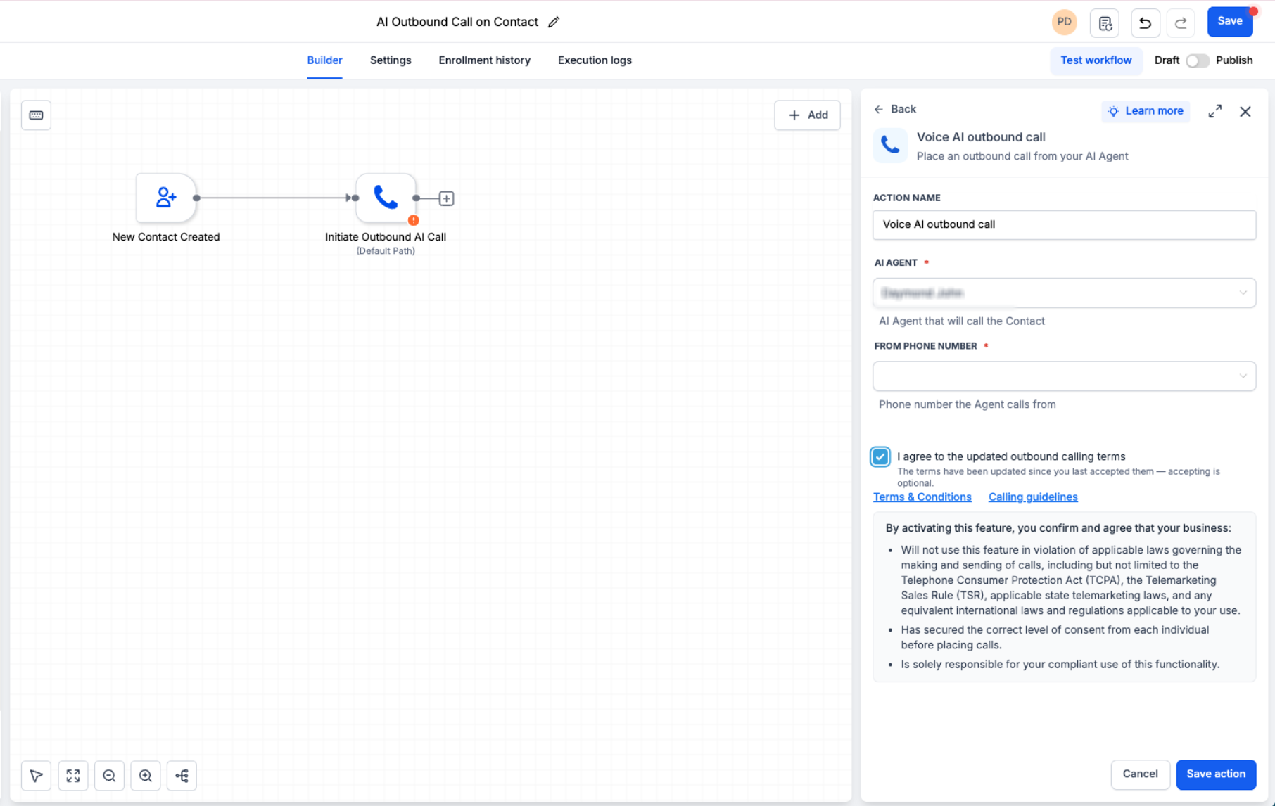 Voice AI Outbound Calling Compliance Checks – Voice AI Outbound Call workflow action with outbound calling terms