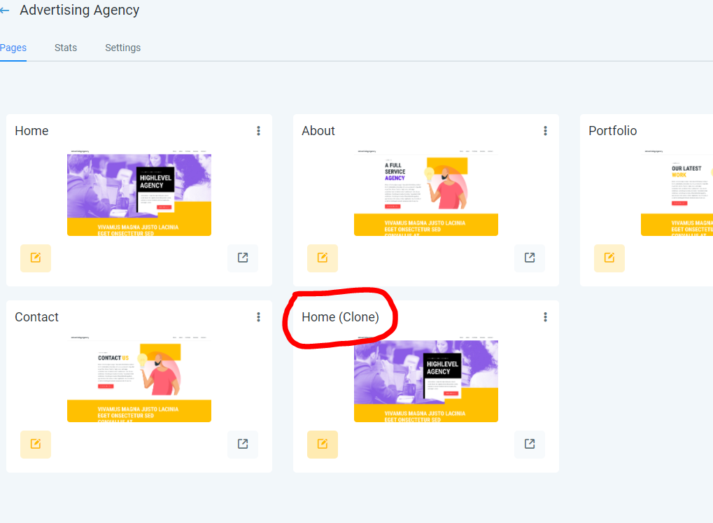Why Tracking Code doesn’t get copied on copying a page? – Website page list showing a duplicated page