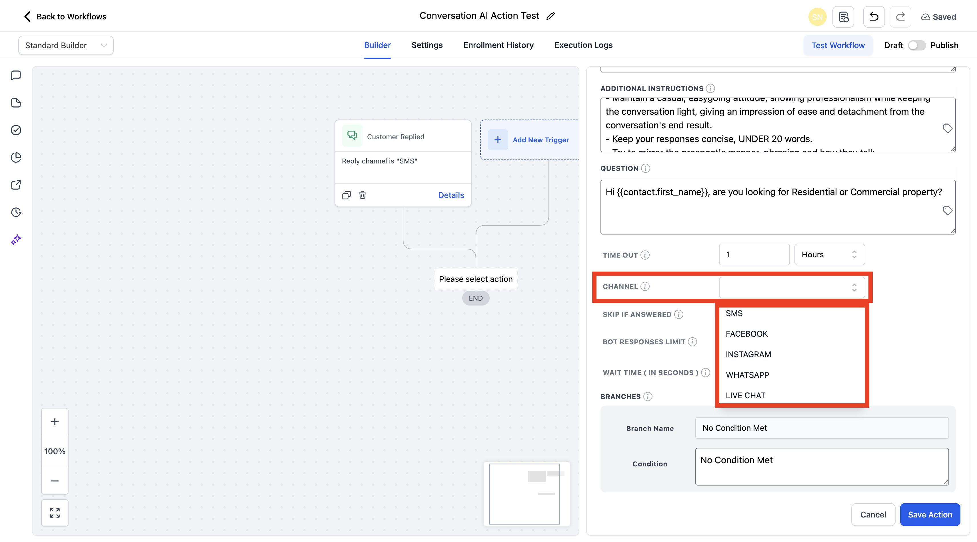 Workflow Actions – Conversation AI – Conversation AI workflow action showing supported channel options