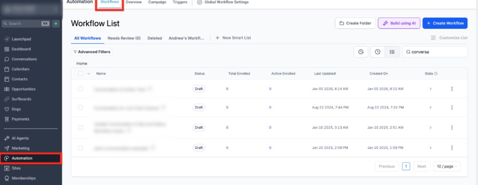Workflow Actions – Conversation AI – Step 1: Open the Workflow