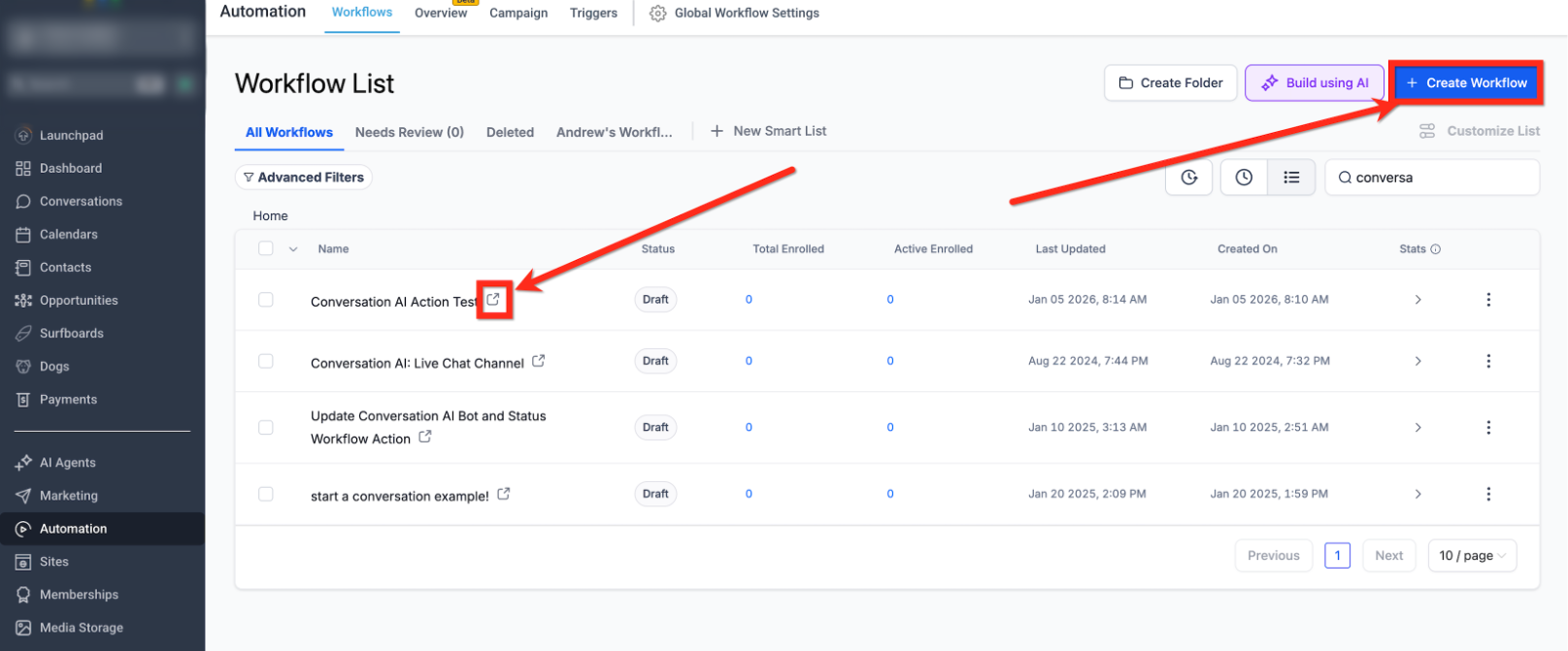 Workflow Actions – Conversation AI – Step 1: Open the Workflow